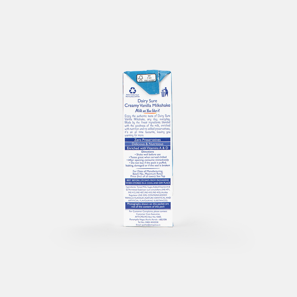 Nutritional Information Dairy Sure Creamy Vanilla Milkshake 200ml